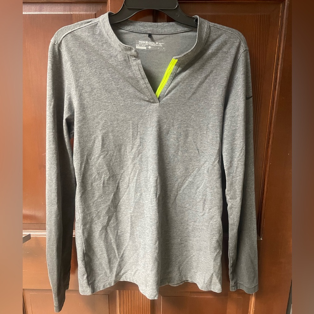Womens Nike Golf Dri-Fit Long Sleeve Vneck Shirt Size L Blade Collar Gray